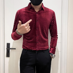 2025秋冬装新款韩绒痞帅修身型潮男士长袖衬衫 红色A230-P65图片