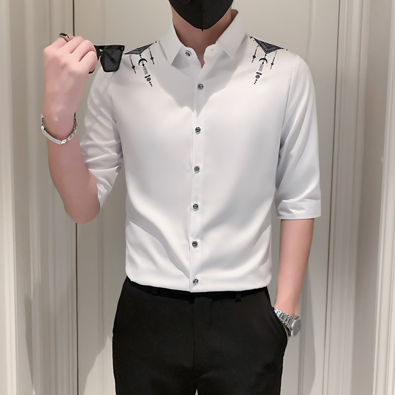 夏装新款七分袖衬衫男装ins潮牌西装领刺绣寸衫衣服A179-P55,男装衬衫,电商B372