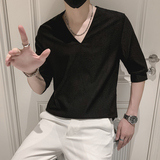 2022流行休闲V领男士修身t恤时尚社会小伙纯色七分袖小衫AT28-P45，男装T恤，电商B372