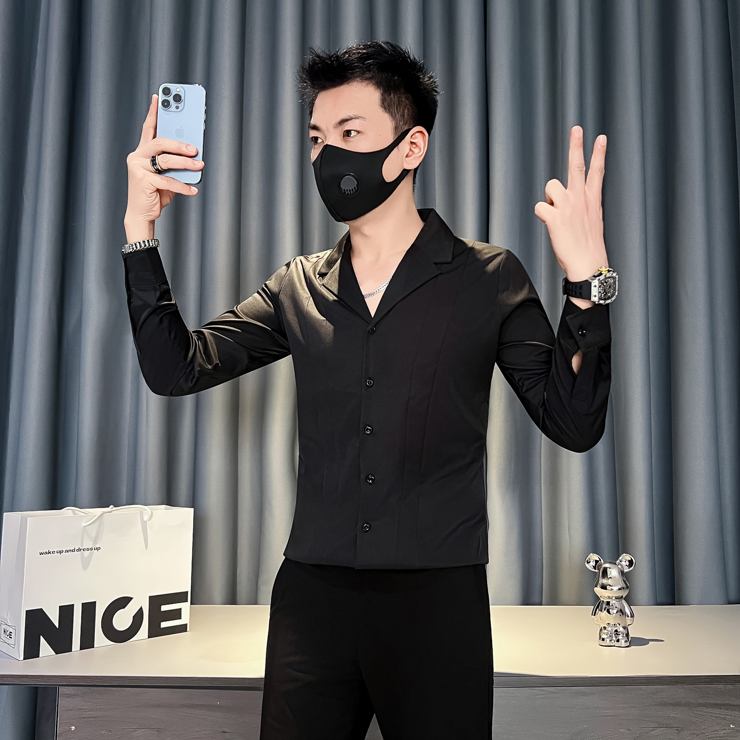 2025秋冬新款社会小伙西装领高级感修身潮男士长袖衬衫A02-P55，男装西服套装，电商B372