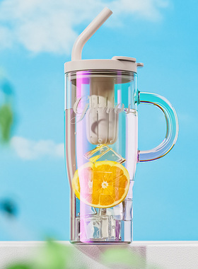 大容量玻璃杯带吸管女生高颜值新款冰霸杯办公室带把手泡茶水杯子