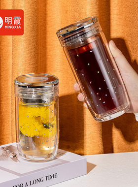 茶水分离杯子2026新款高硼硅玻璃杯高颜值INS风可爱女生喝水杯子