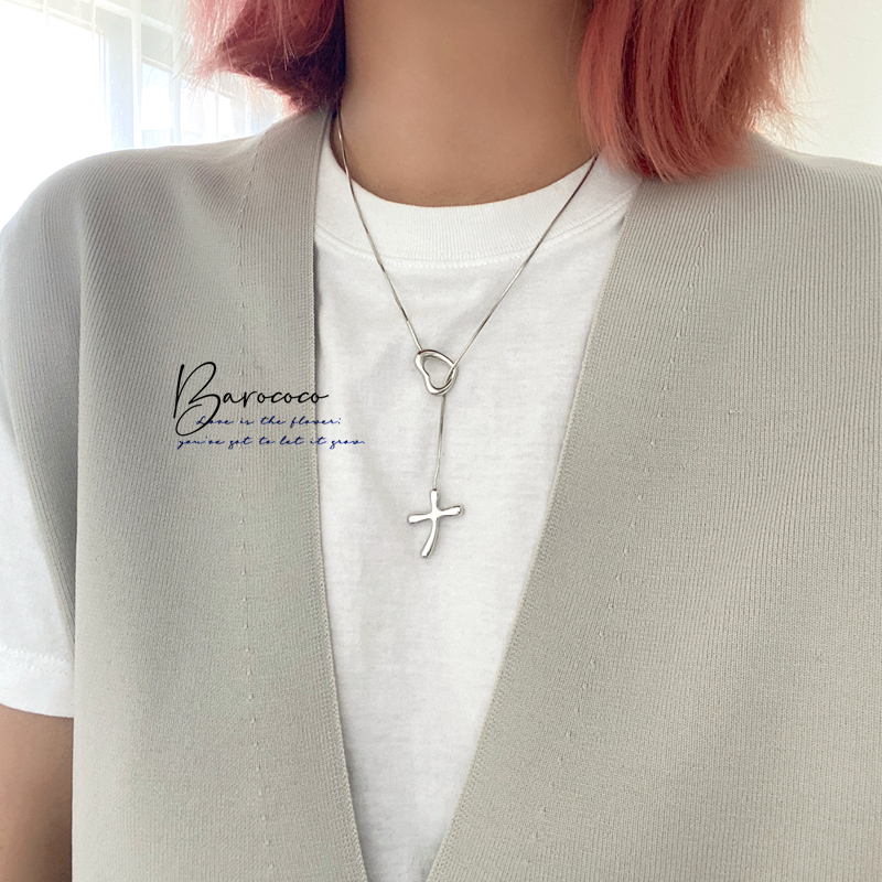 法国单全铜材质高级感镀白金小众设计爱心十字架Y字型短款项链女
