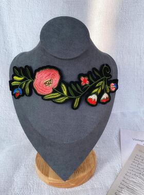 【孤品】精致绝美复古虞美人花黑丝绒宽颈链女遮颈纹锁骨项链彩色