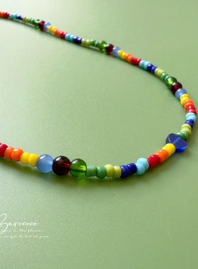 日单泫雅风陶瓷米珠+琉璃小圆珠多巴胺彩虹色串珠短项链女锁骨链