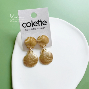 气质黄铜镀金精致雕刻纹理贝壳造型长耳钉女 法国品牌colette法式