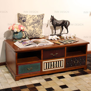 复古茶台美式乡村客厅彩绘家具艺术地中海做旧茶桌实木个性茶几