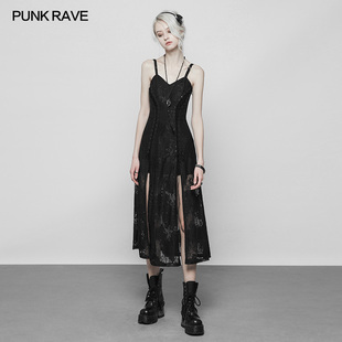 暗黑系蕾丝吊带重工鸡眼绑绳开衩连衣裙 PUNK RAVE女装 女装 大码