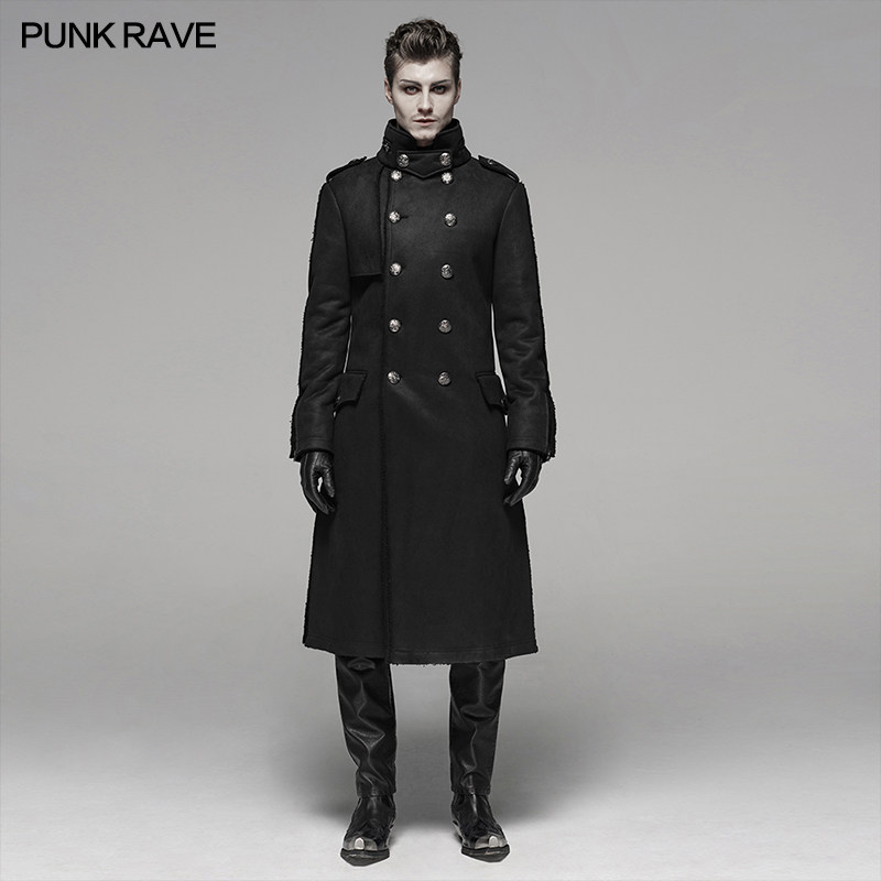 PUNK RAVE pr朋克状态秋冬男装军装风皮毛一体中长外套