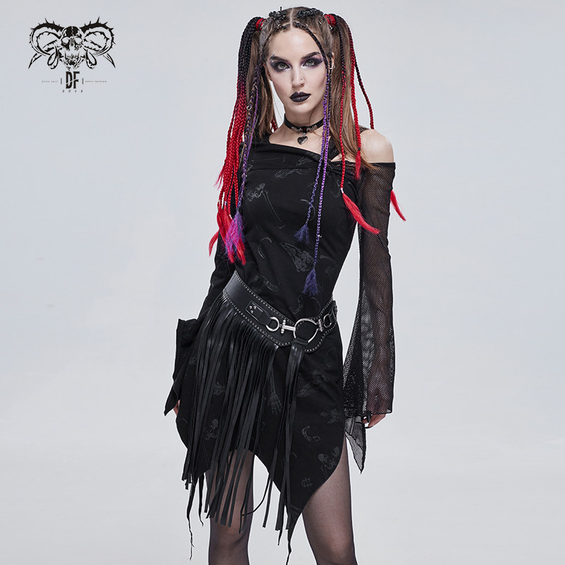 小破亚文化 devil fashion恶魔时尚女装骨头印花不对称露肩连衣裙
