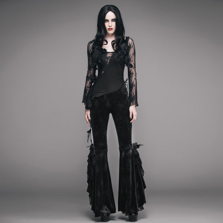 小破亚文化 eva ladys女装 暗黑哥特风蕾丝玫瑰暗花纹弹力喇叭裤