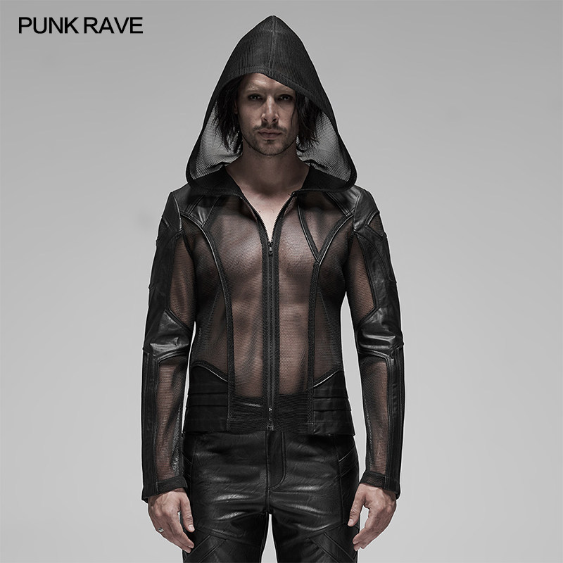 *PUNK RAVE PR朋克状态男装 视觉系赛博朋克风网面连帽透视短外套