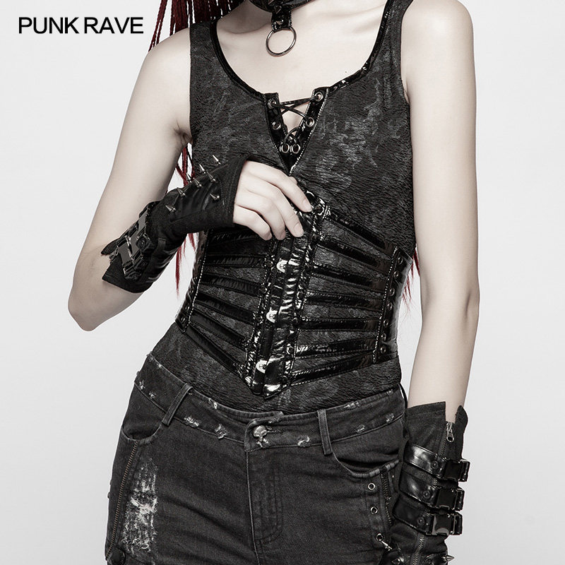 小破家PUNK RAVE pr朋克状态配饰品复古蒸汽朋克亮光漆皮细带腰封