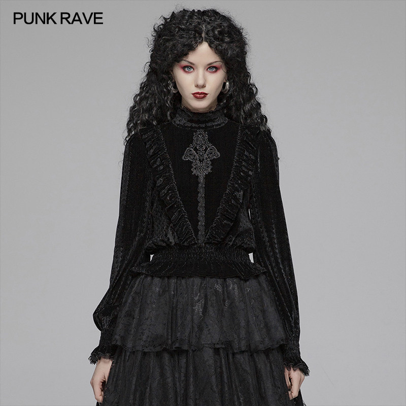 *punk rave 朋克暗黑系女装 哥特暗纹丝绒小衫 gothic 复古衬衫