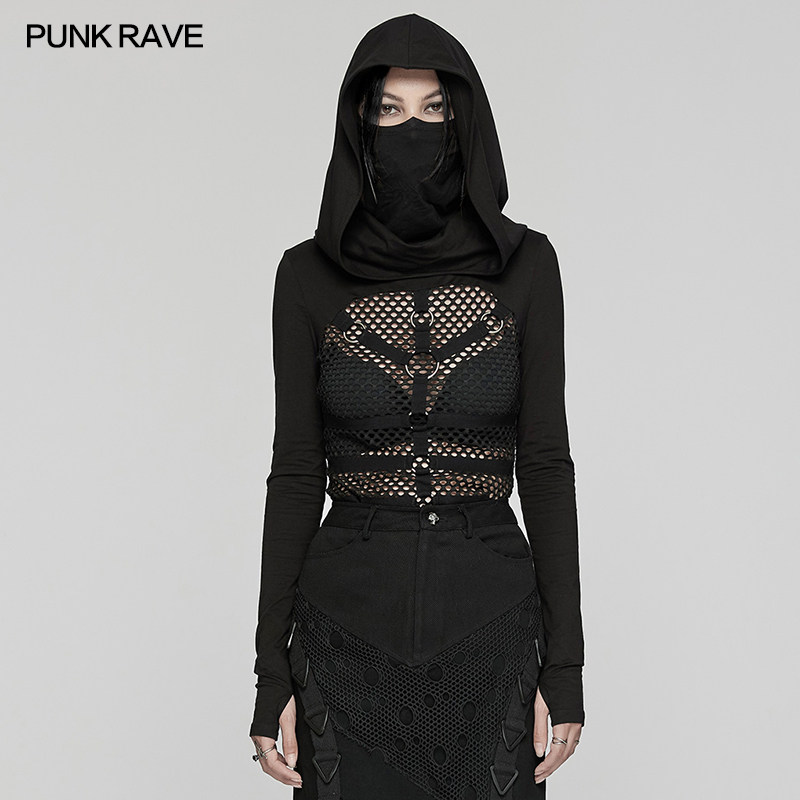 小破亚文化 PUNK RAVE pr朋克状态女装末日废土朋克性感连帽长T恤