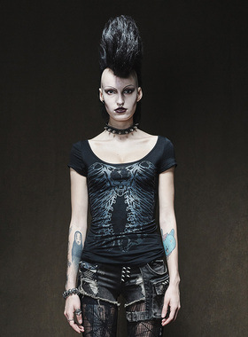*PUNK RAVE 骨灰系列朋克女装 摇滚金属骨架印花个性T恤 后背镂空