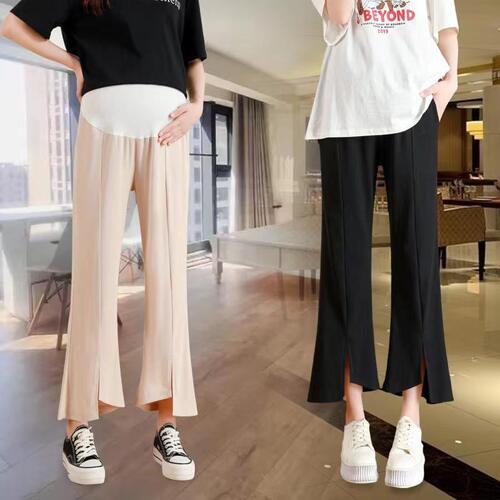 加肥孕妇裤子春夏季薄款阔腿开叉喇叭裤九分裤夏装冰丝八分裤新款