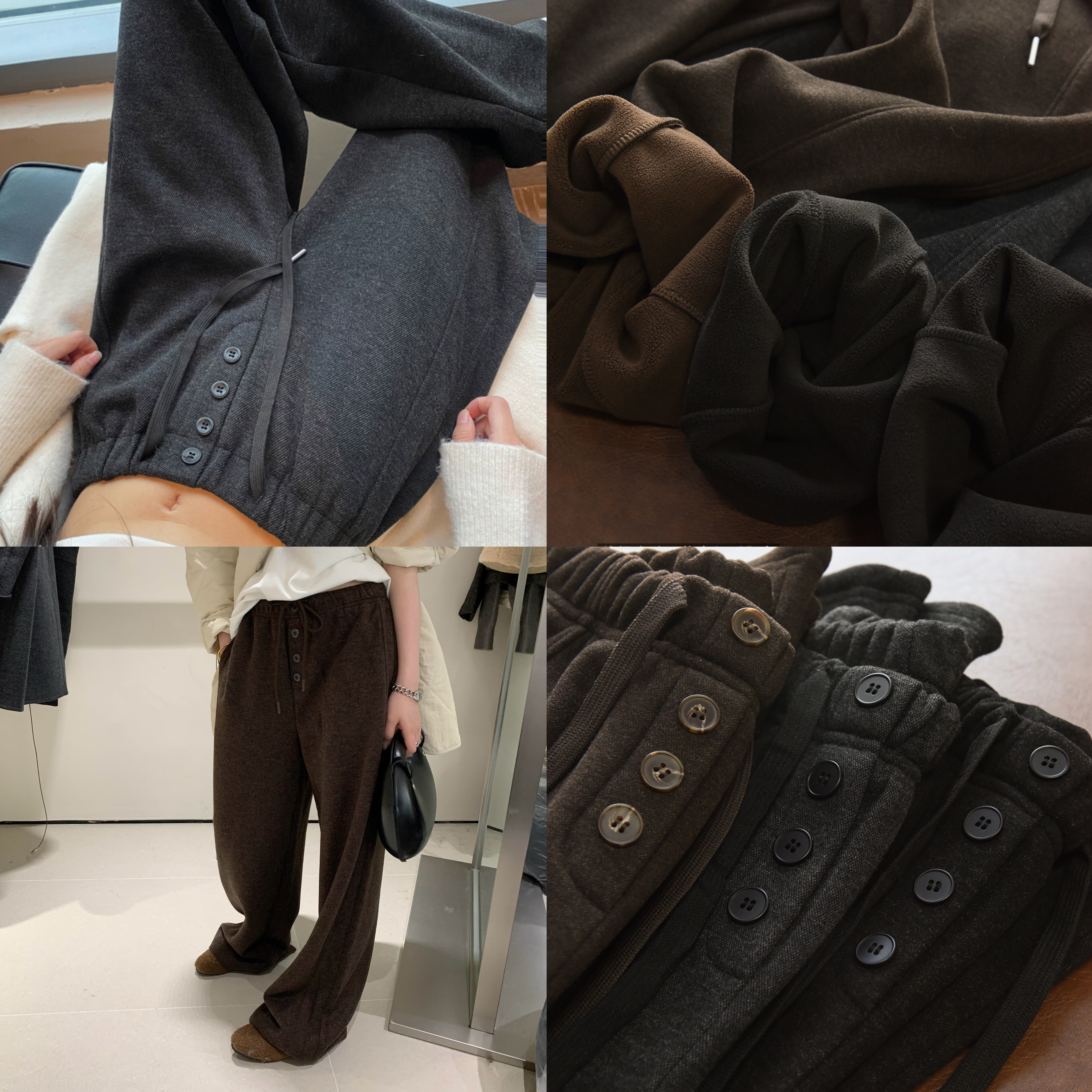 秋冬女款复古纽扣松紧腰拖地裤高腰显瘦阔腿休闲裤百搭显瘦长裤韩