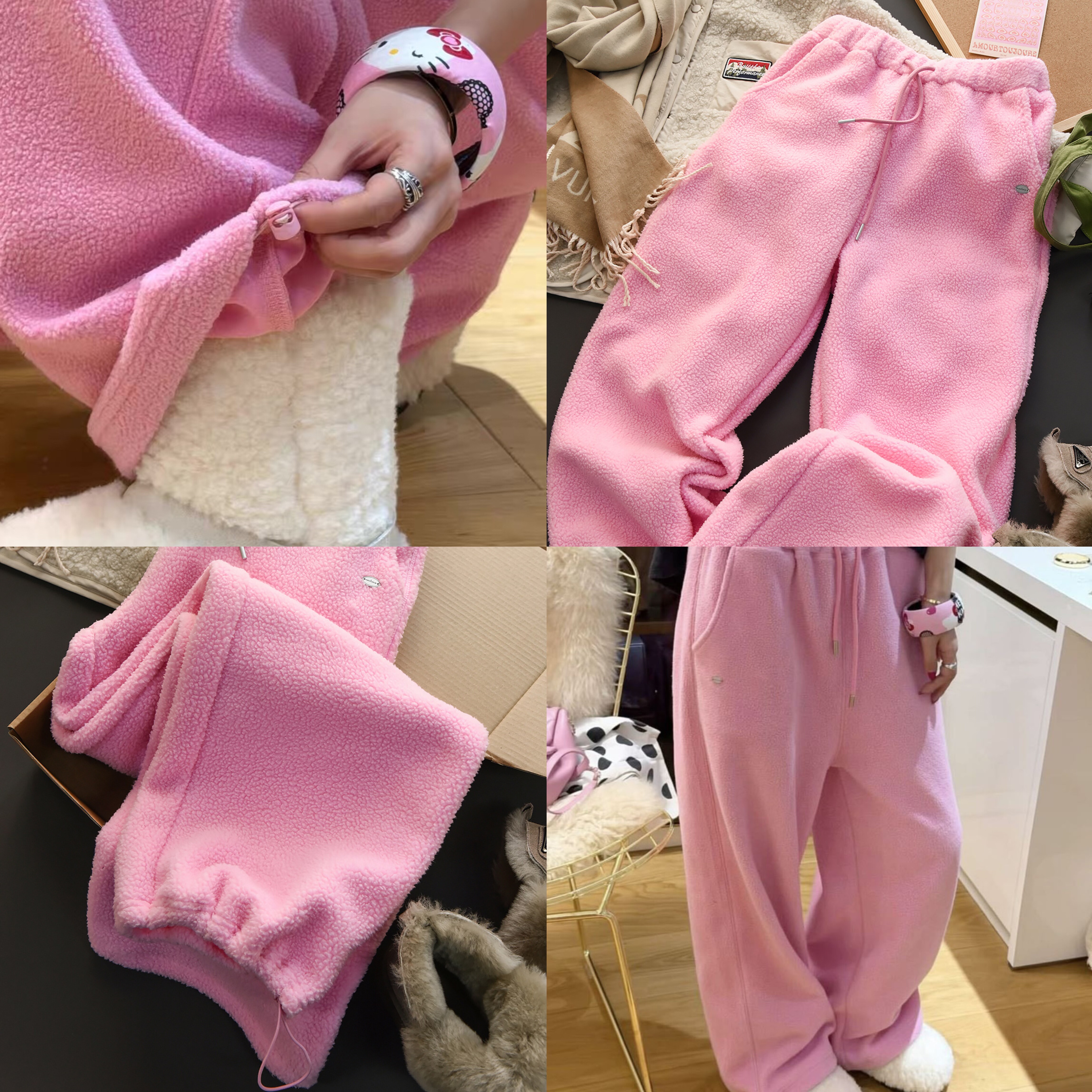 ins秋冬女款韩系芭比粉一体摇粒绒卫裤宽松可调节运动束脚裤长裤