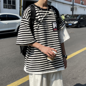 24夏装新款男装宽松假两件条纹男士短袖T恤 DY603 P45图片