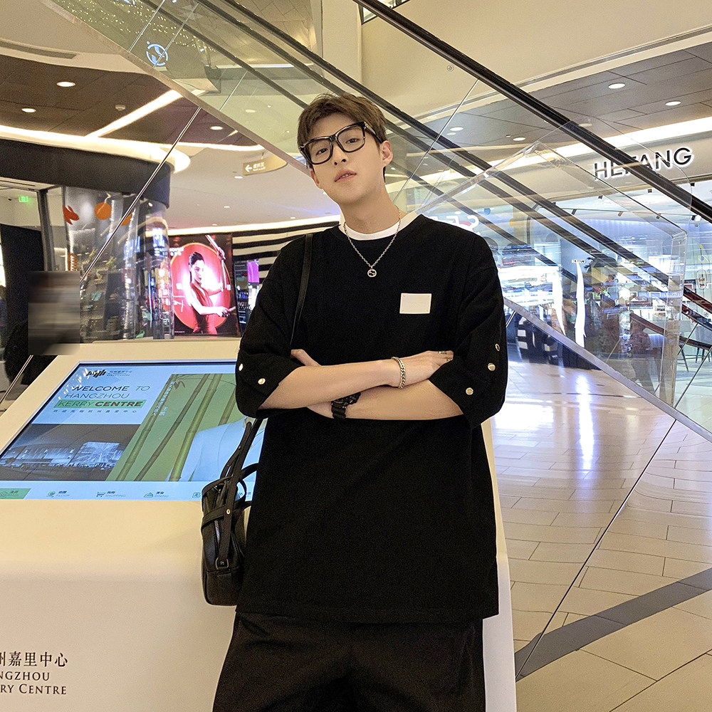 设计双袖口夏装新款男装宽松港风男士短袖T恤DX2380P45,男装T恤,电商A031-1