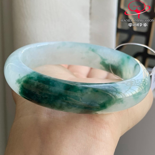豪8印象W261000W183翡翠手镯圈口57.6天然冰种蓝飘花缅甸玉手镯