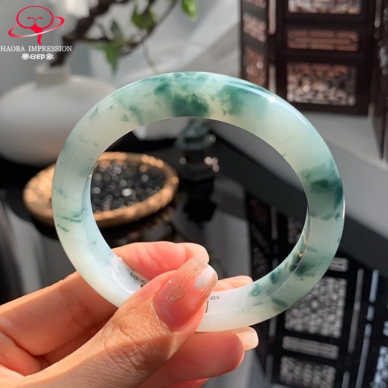 豪8印象珠宝翡翠手镯之家MPKL014冰胶白蓝飘花镯胚50-62定制带证