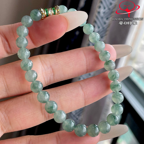 豪8印象P26018P2755翡翠手链天然冰种绿飘花缅甸玉石佛珠手串