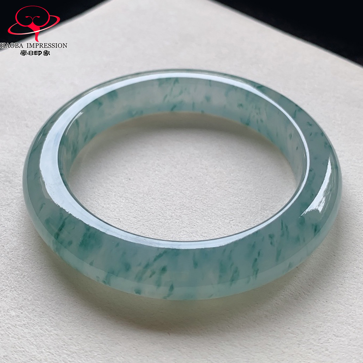 豪8印象V156翡翠手镯圈口55.3天然高冰种蓝绿飘花缅甸a货玉石手镯