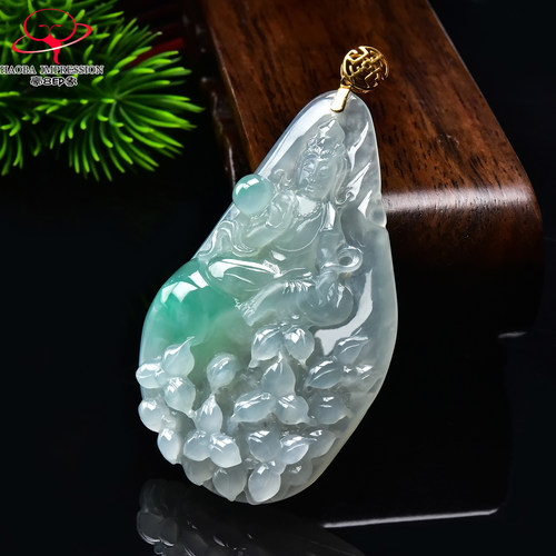 豪8印象手镯之家G26480G103翡翠送子观音吊坠天然冰种绿飘花挂件