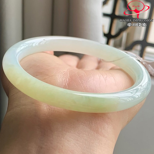 豪8印象W26180W525翡翠手镯圈口56.7天然冰种半山水黄翡缅甸玉镯