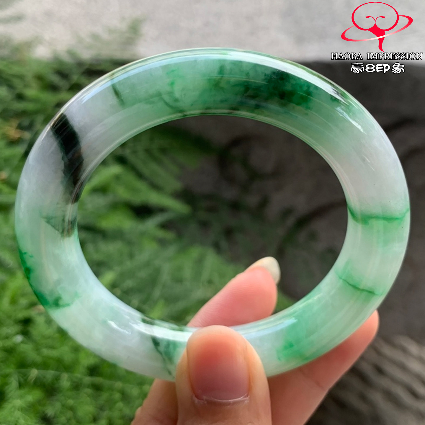 豪8印象V26800V1447翡翠圆条手镯圈口54.3天然冰糯种辣绿缅甸玉镯