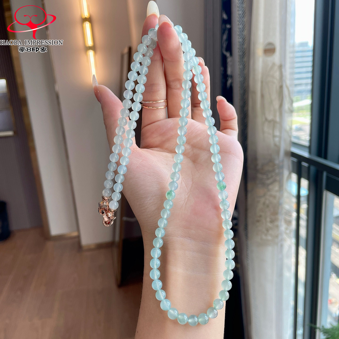 豪8印象P988冰种晴底翡翠项链/珠链/手串6.2/108颗缅甸玉石珠子