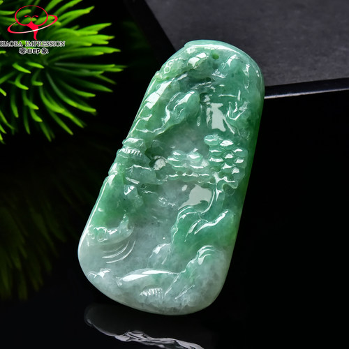 豪8印象手镯之家G26070G214翡翠山水牌吊坠冰糯种白底带绿玉挂件