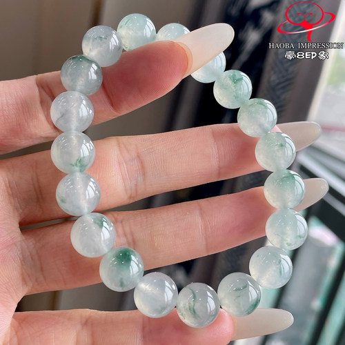 豪8印象P26500P2351翡翠手链天然高冰种绿飘花缅甸玉石佛珠手串