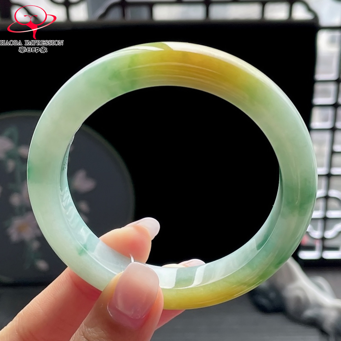 豪8印象P261000P390翡翠手镯圈口58.5天然黄翡绿飘花缅甸玉镯a货