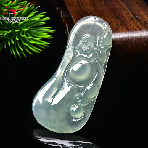 豪8印象手镯之家G26260G120翡翠笑佛吊坠天然冰种晴绿弥勒佛挂件