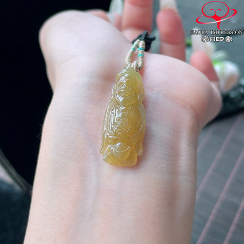 豪8印象P26036P2901翡翠财神吊坠天然冰糯种黄翡缅甸玉财神挂件