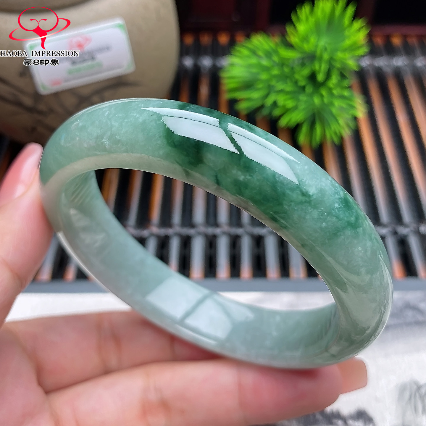 豪8印象®X26100X275翡翠手镯圈口59.5mm天然冰糯种绿飘花缅甸玉镯