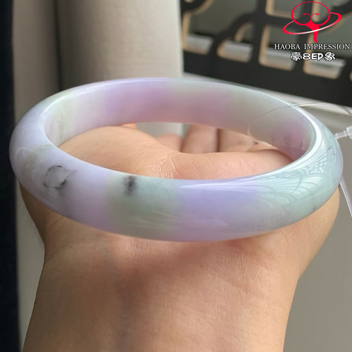 豪8印象W26048W799天然翡翠圈口57糯种紫罗兰乌鸡飘花正圈玉手镯