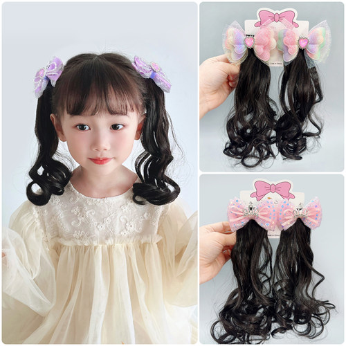 新款可爱女童蝴蝶结波浪卷发对夹
