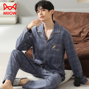 猫人纯棉秋季男士睡衣秋冬款长袖男款大码中年爸爸全棉家居服套装
