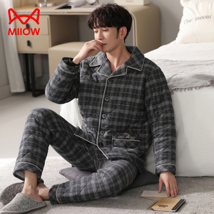 猫人睡衣男款冬季男士纯棉三层加厚夹棉加绒高街风秋冬款2025新款