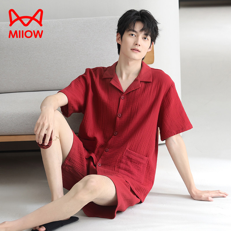 猫人红色睡衣男夏短袖短裤纯棉双层纱布家居服2026新款本命年新婚