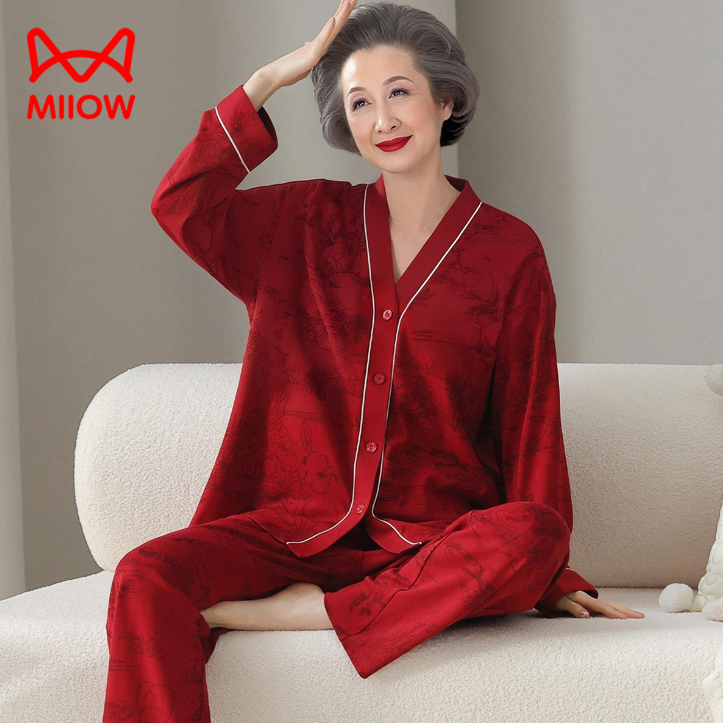 猫人睡衣女纯棉长袖春秋季大红色本命年中年妈妈家居服大码套装