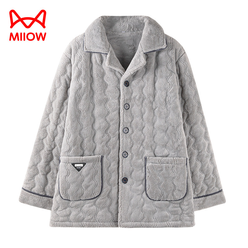 猫人单件上衣三层加厚夹棉男士珊瑚绒睡衣冬季可外穿法兰绒家居服