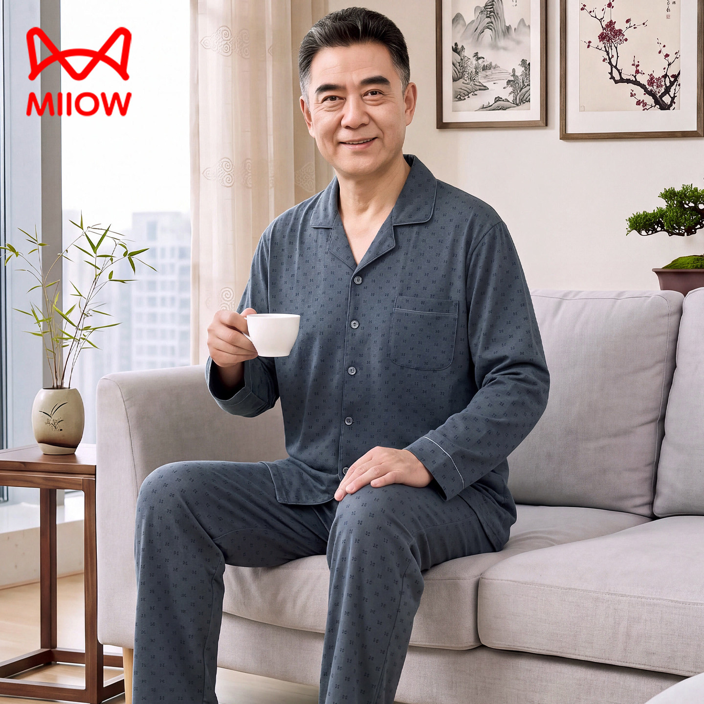 猫人爷爷全棉居家服睡衣中老年人爸爸纯棉开衫长袖套装春秋季薄款