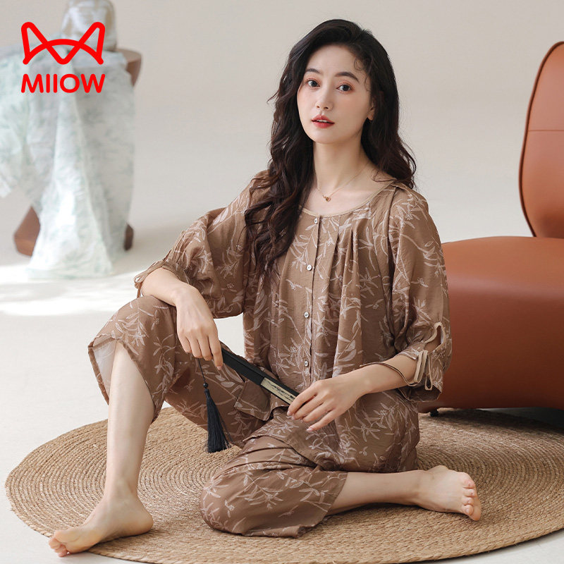 猫人睡衣女款夏季天丝棉短袖八分裤薄款中国风中年妈妈大码家居服