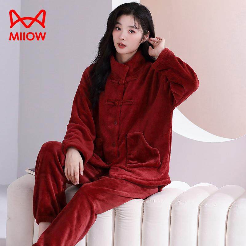 猫人新中式睡衣女士冬季加绒加厚保暖法兰绒红色本命年家居服结婚