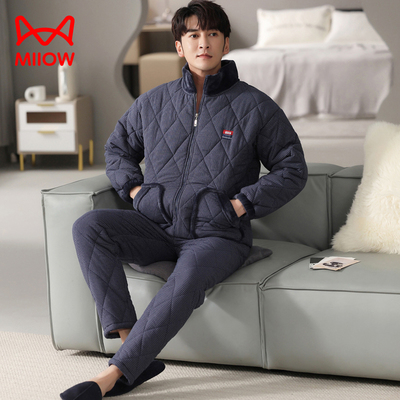 猫人三层加厚纯棉夹棉睡衣加绒男